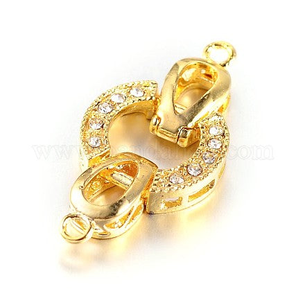 Brass Fold Over Clasps, with Alloy Rhinestone Findings, Gold Color