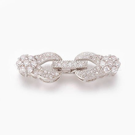 Brass Micro Pave Cubic Zirconia Fold Over Clasps, Flower, Clear, Real Platinum Plated