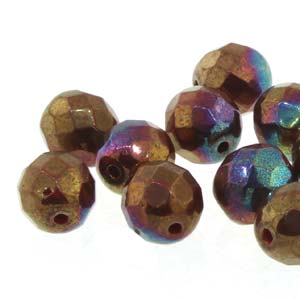 6MM Round Coral Red Iris Luster Czech Glass Fire Polished Beads