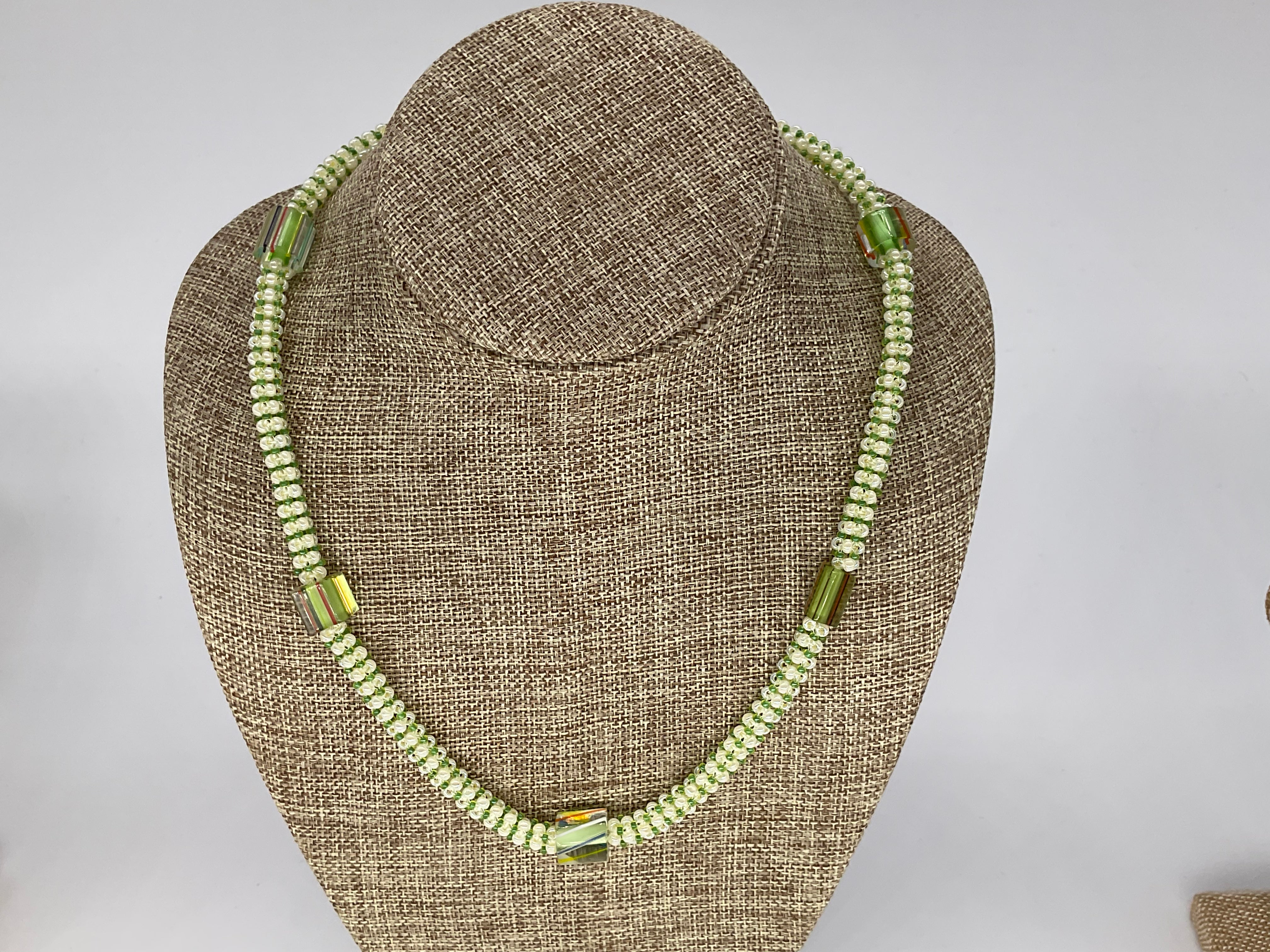 Green and White Seed Bead Necklace