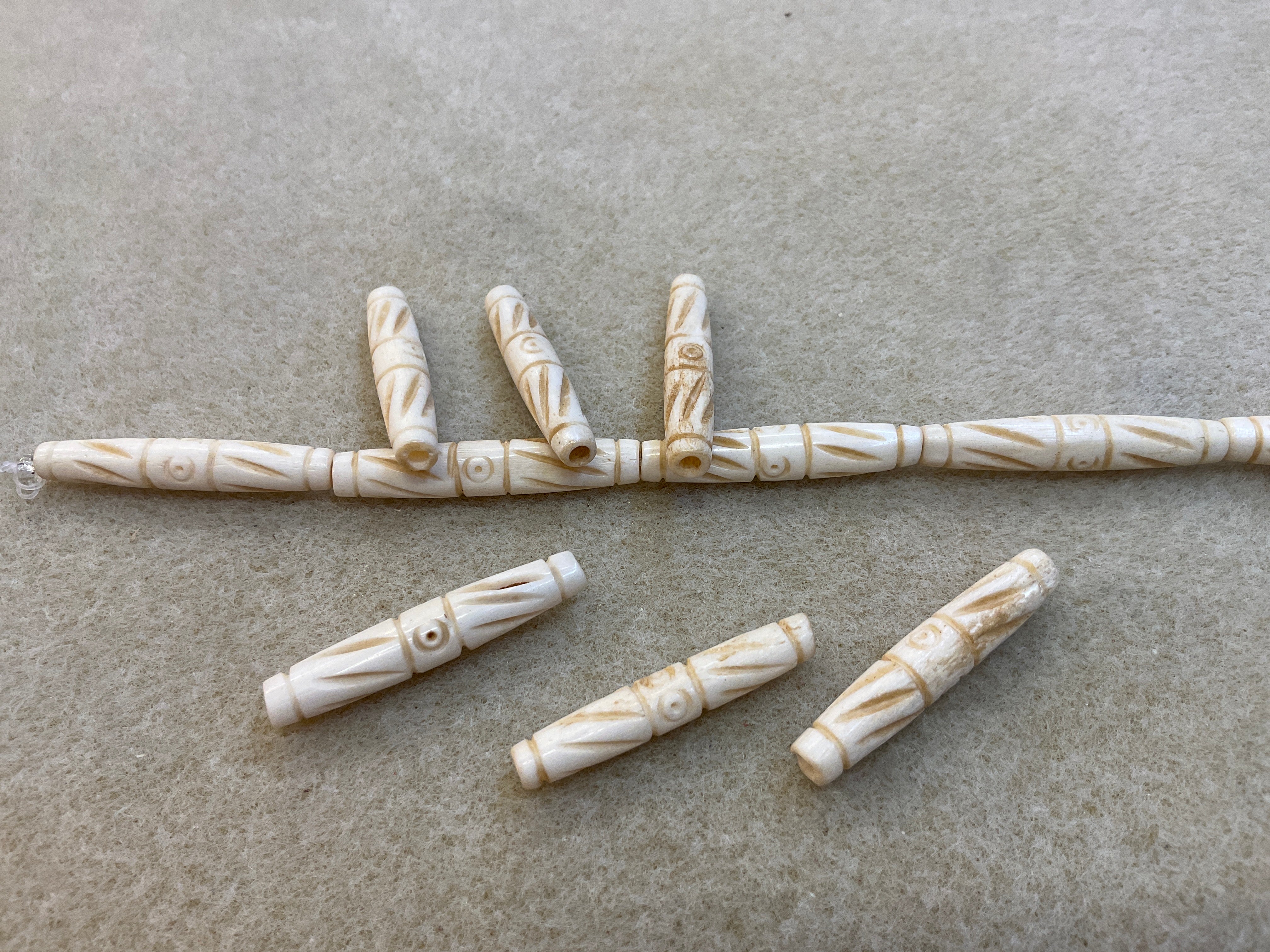 Bone Beads Carved Tubular Circles and Slashes