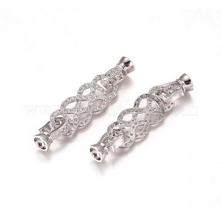 Brass Micro Pave Clear Cubic Zirconia Fold Over Clasps, Platinum, 48x11x8mm