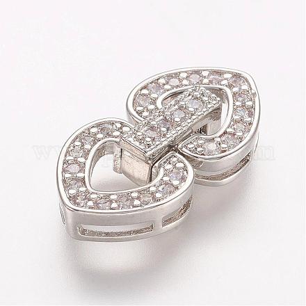 Brass Micro Pave Cubic Zirconia Fold Over Clasps, Heart, Platinum, 23x10x3.5mm