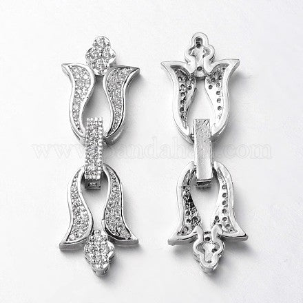 Flower Brass Micro Pave Cubic Zirconia Fold Over Clasps, Lead Free & Nickel Free, Platinum