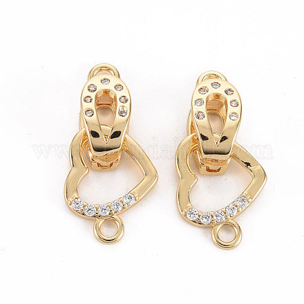 Brass Micro Pave Clear Cubic Zirconia Fold Over Clasps, Nickel Free, Heart, Real 18K Gold Plated, Heart