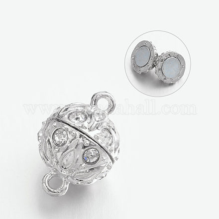 18x13mm Rhinestone Magnetic Clasps with Loops, Round, Alloy, Lead Free & Cadmium Free, Platinum Color