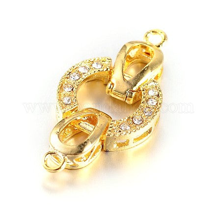 Brass Fold Over Clasps, with Alloy Rhinestone Findings, Gold Color