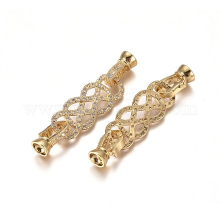 Brass Micro Pave Clear Cubic Zirconia Fold Over Clasps, Golden, 48x11x8mm