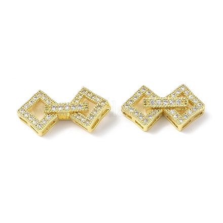 Rack Plating Brass Micro Pave Clear Cubic Zirconia Fold Over Clasps, Rhombus, Real 18K Gold Plated