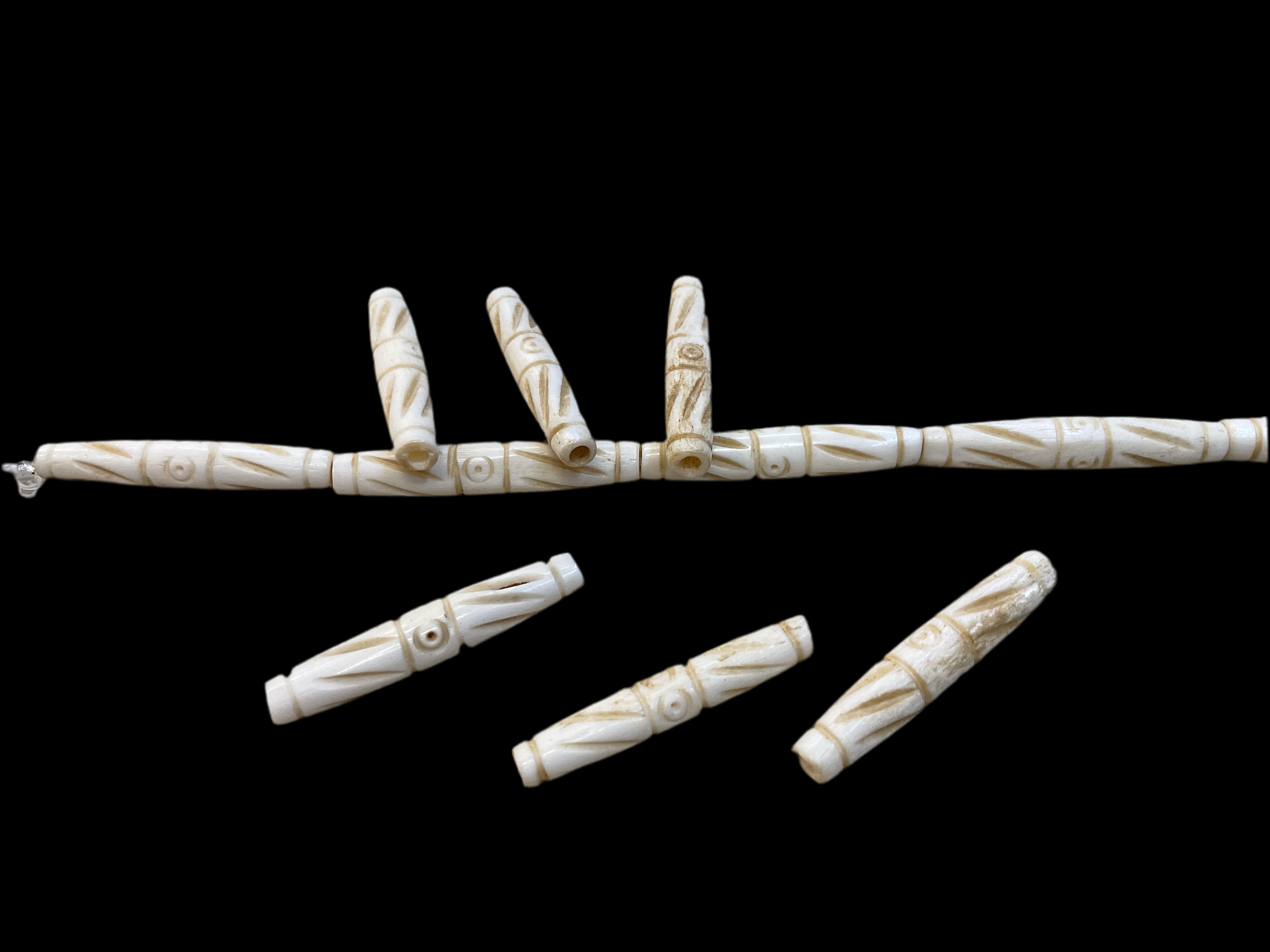 Bone Beads Carved Tubular Circles and Slashes