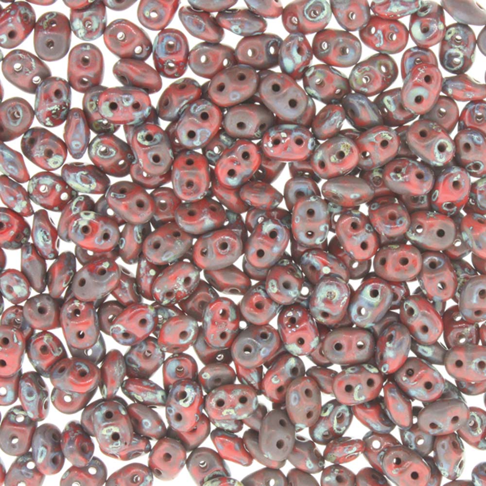Coral Red Travertine Dark Superduo Beads