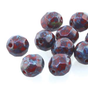 6MM Round Red Travertine Czech Glass Fire Polished Beads