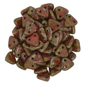 Triangle 2-Hole Opaque Red Picasso Beads