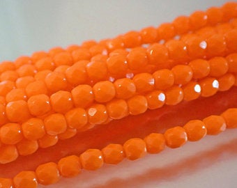 3MM Tangerine Orange Czech Glass Fire Polished Beads